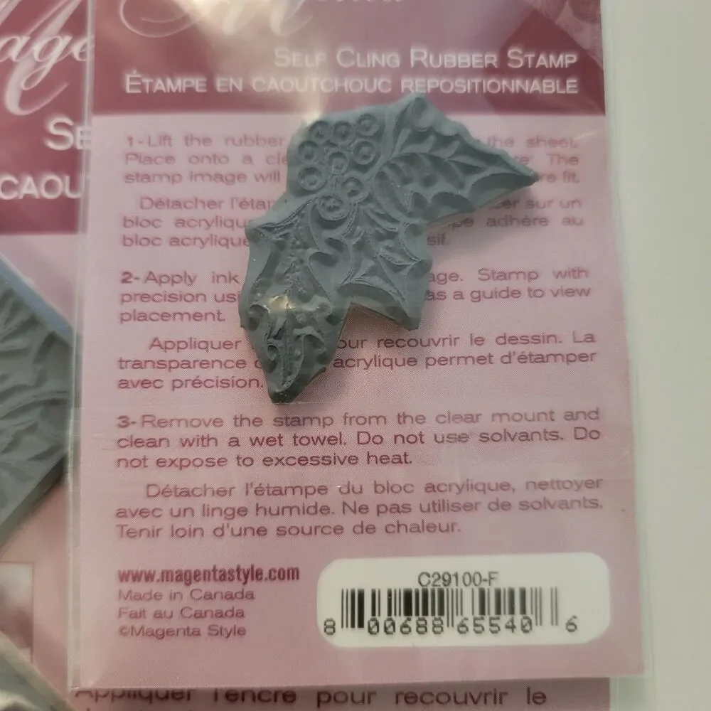 Magenta Self Cling Rubber Stamp Holiday Holly Berries & Leaves Lot of 2